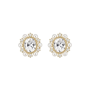 Elegant 14k gold plated stud earrings with oval zircon and pearls in vintage style