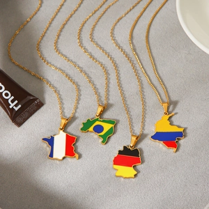 Detailed view of stainless steel map pendants with colorful national flag enamel finish