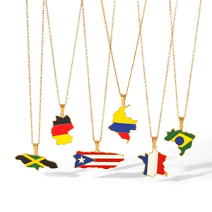 High quality close-up showing gold stainless steel necklaces with colorful world map flag pendants