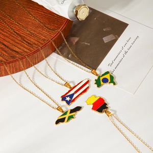 Close-up of stainless steel drip oil necklaces featuring various country map pendants