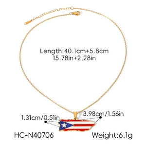 Close-up of gold stainless steel Puerto Rico flag necklace showing dimensions and weight