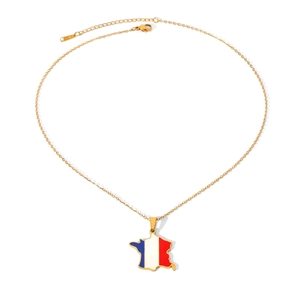 Exquisite gold stainless steel necklace featuring a France map pendant with tricolor enamel detail