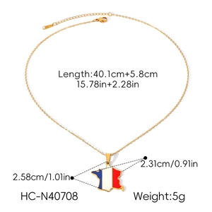 Detailed view of the gold stainless steel France map necklace with size measurements