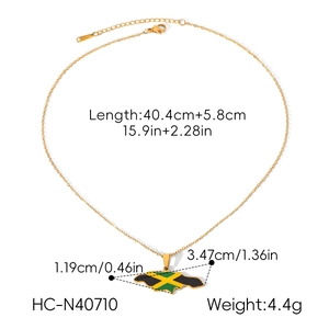 Detail view of Jamaica map pendant necklace with dimensions and weight info.