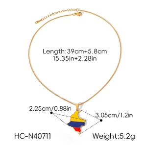 Stainless steel Colombia map pendant necklace with measurements and weight details.