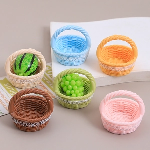 Miniature colorful woven baskets with lace trim and tiny fruits for DIY dollhouse crafts