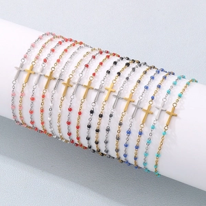 Bracelets croix en acier inoxydable avec perles colorées, dix couleurs et deux finitions