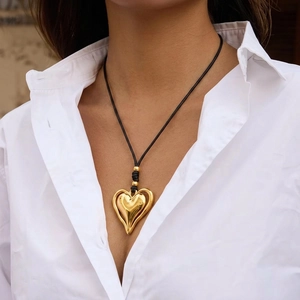 Collier Pendentif Cœur 3D Double Couche Minimaliste Acier Inoxydable 304 Corde De Cire Noire Bijoux Mode Pour Femmes