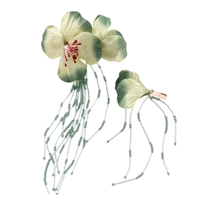Elegant fabric flower hair clip with gradient green petals and glass bead tassels