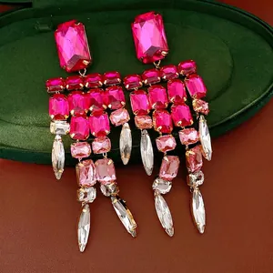 Vintage style square pink rhinestone fringe earrings with luxury gold-tone finish.