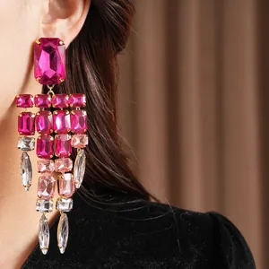 Vintage style silver needle earrings with pink square crystal tassels