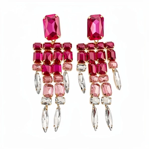 Vintage luxury gold-tone earrings with pink and magenta rhinestone crystal tassel drops
