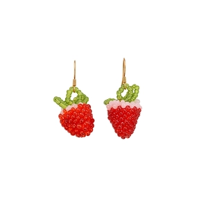 Handmade red and green strawberry beaded ear hooks in dopamine style, sweet jewelry.