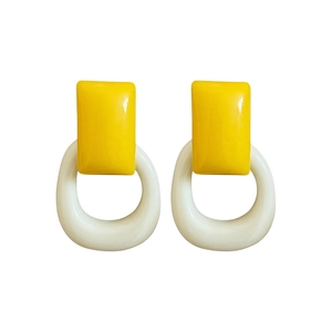Contemporary yellow square and white hoop resin drop earrings for stylish women