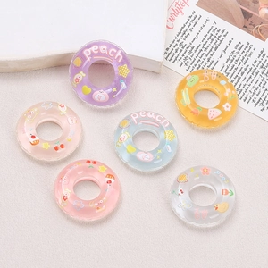 Set of 6 mini colorful resin swim rings with cute cartoon patterns for DIY crafts