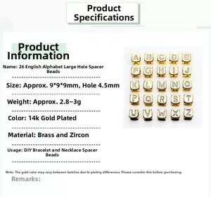 Detailed specs for 9mm gold letter bead with zirconia showing 4.5mm hole size