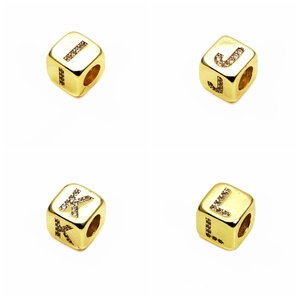 Detailed view of 6mm gold-plated alphabet beads I-L with micro-pave cubic zirconia