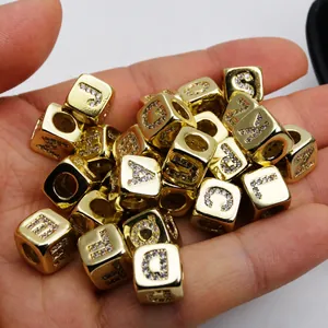 6mm gold square alphabet beads with micro-pave cubic zirconia for DIY jewelry making