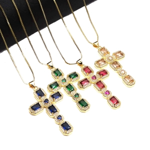 Fashion Copper Zirconia Cross Pendant Necklace For Women Adjustable Box Chain Colorful Gemstone Clavicle Chain Jewelry Gift