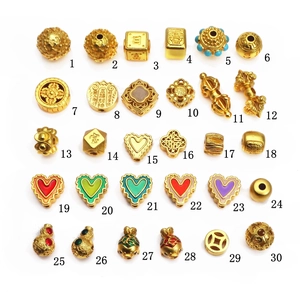 30 styles of golden DIY charm beads featuring hearts, lotuses, and Chinese lucky symbols