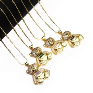 Kupfer Mikro Eingelegte Zirkonia Bär Anhänger Halskette Modische Tier Teddybär Vergoldeter Charm Collier Für Damen Modeschmuck