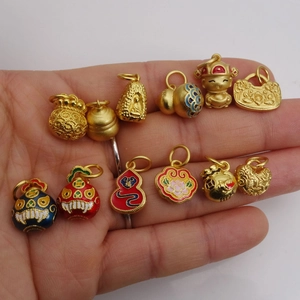 Colección de colgantes chinos de esmalte dorado con bolsa de la suerte y calabaza feng shui