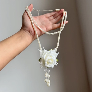 French Elegant Double Layer Artificial Pearl Necklace Fabric Rose Flower Pendant Tassel Clavicle Chain For Women Jewelry