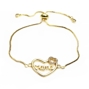 Adjustable gold heart Mama bracelet with sparkling zircon and sliding clasp for women