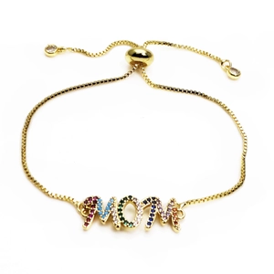 Adjustable gold MOM bracelet with colorful micro-paved zircons and slider clasp design
