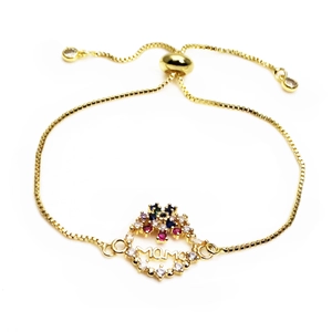Gold adjustable MOM bracelet with heart connector and colorful micro-pave zircons