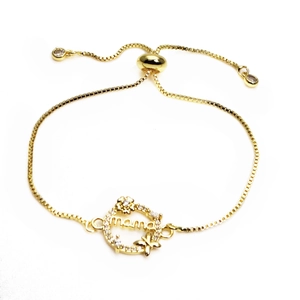 Golden adjustable MAMA heart bracelet connector with pavé zircon and butterfly details