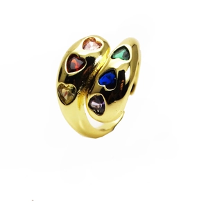 Macro shot of 14k gold plated heart ring with micro-pave multicolored zirconia gems
