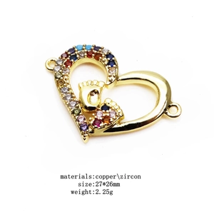 Golden micro-pave zircon heart charm with baby footprints and colorful stones 27x26mm