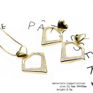 14k gold plated necklace and earrings set featuring heart and zircon pentagon charms