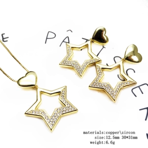 14k gold plated heart and star jewelry set with zircon pendants on dainty box chain