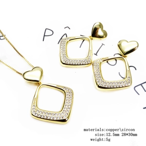14k gold plated heart and geometric zircon necklace and earrings jewelry set for women