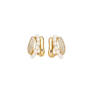 Elegant gold C-shaped earrings with shimmering cubic zirconia and delicate pearls.