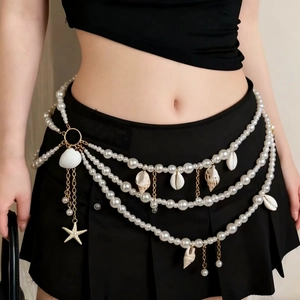 Women Fashion Beach Body Chain Multi-Layer Artificial Pearl Conch Shell Starfish Waist Chain Metal Belly Chain Jewelry