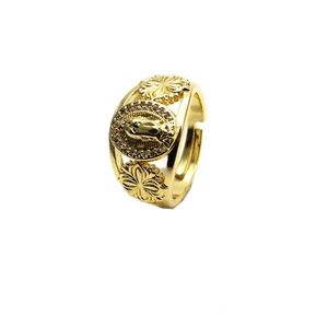 Adjustable 14k gold plated Virgin Mary ring with zircon heart and hollow floral details