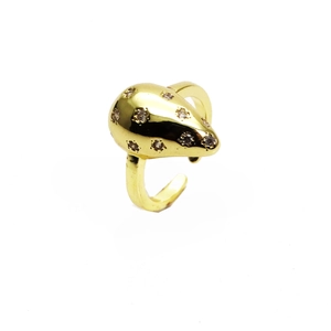 Macro shot of 14k gold-plated heart ring with micro-pave cubic zirconia stones