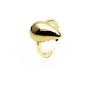 Detailed view of adjustable 14k gold plated ring featuring a polished water drop charm
