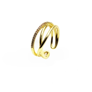 Detailed macro view of 14k gold plated layered cross ring with pavé zircon stones