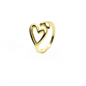 Macro shot of 14k gold plated heart ring with open adjustable band detail on white background