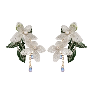 Elegant forest style earrings featuring white lace flowers with pearls and purple teardrop charms