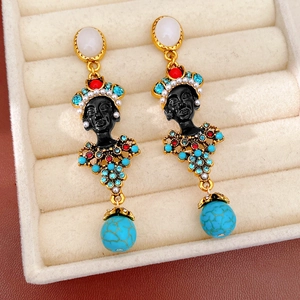 Vintage Moretto-style portrait drop earrings with colorful rhinestones and gold-toned finish