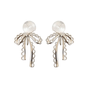 Elegant silver lace bow clip-on earrings featuring non-pierced spiral plate design for women