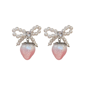 French style sweet strawberry bow pearl stud earrings with sparkling zircon center