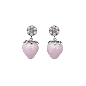 Sweet pink strawberry dangle earrings with pearl flower detail for women jewelry