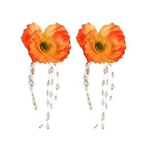 Elegant orange fabric poppy flower earrings with long pearl and gold bead tassels