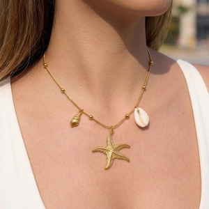 Starfish Shell Pendant Necklace 304 Stainless Steel Gold Plated Waterproof Hypoallergenic Marine Ocean Jewelry For Women